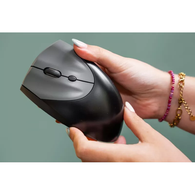 BakkerElkhuizen Handshake Maus Left, Linkshänder, Vertikales Design, Optisch, RF Wireless + Bluetooth + USB Type-C, 6400 DPI, Schwarz, Grau