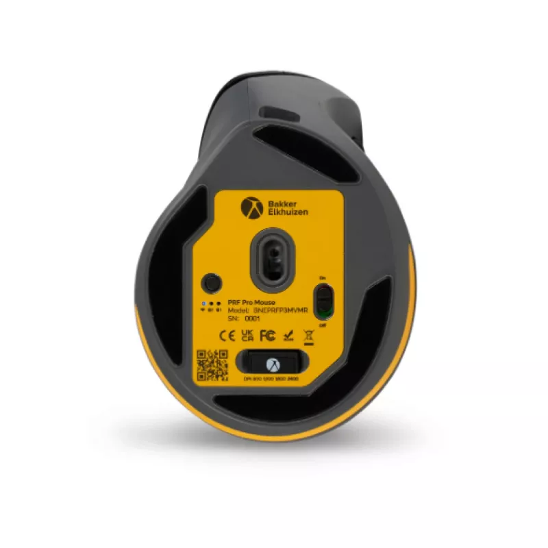 BakkerElkhuizen PRF Pro Maus Rechts, Rechtshänder, Vertikales Design, Optisch, RF Wireless + Bluetooth + USB Typ-C, 2400 DPI, Schwarz, Grau