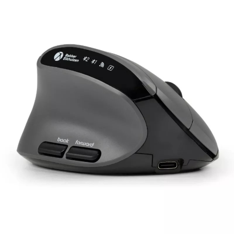 BakkerElkhuizen MidWay Maus Links, Linkshänder, Vertikales Design, Optisch, RF Wireless + Bluetooth + USB Typ-C, 2400 DPI, Grau, Schwarz