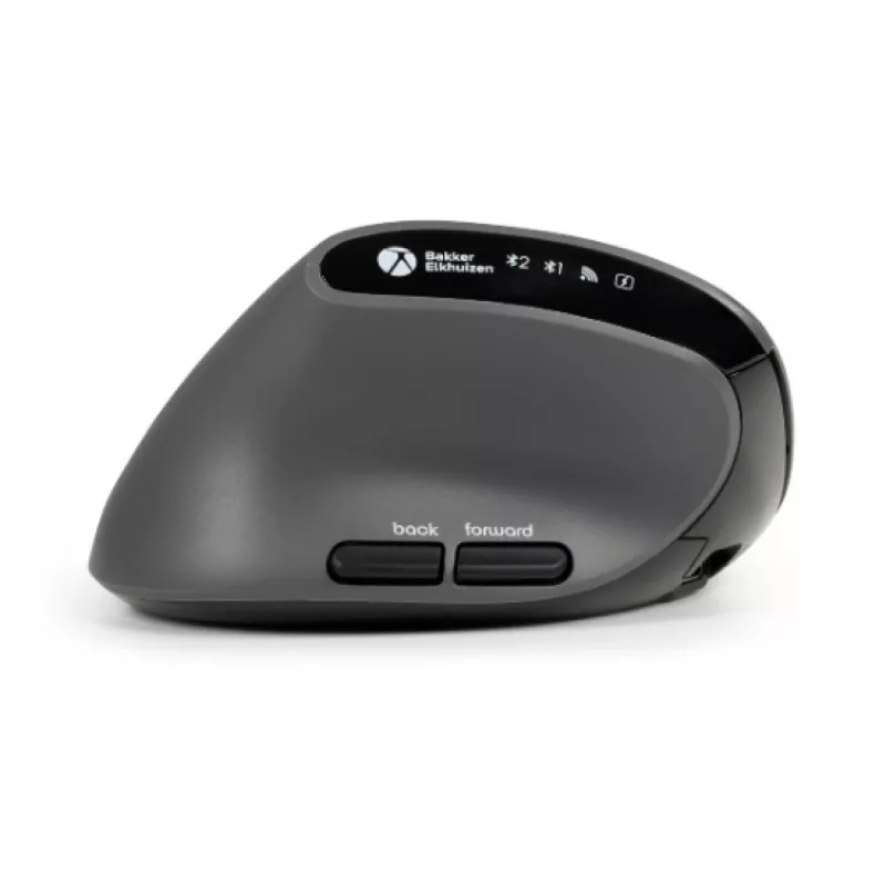 BakkerElkhuizen MidWay Maus Links, Linkshänder, Vertikales Design, Optisch, RF Wireless + Bluetooth + USB Typ-C, 2400 DPI, Grau, Schwarz