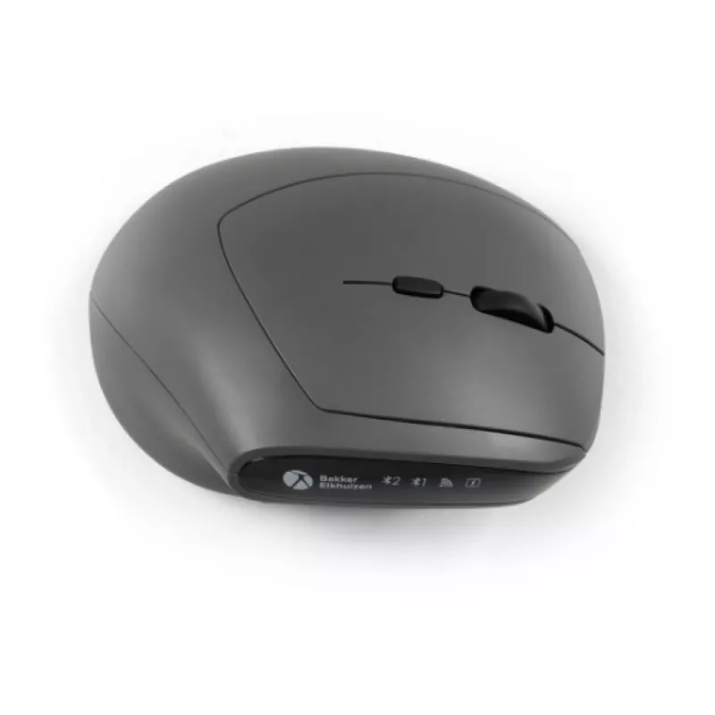 BakkerElkhuizen MidWay Maus Links, Linkshänder, Vertikales Design, Optisch, RF Wireless + Bluetooth + USB Typ-C, 2400 DPI, Grau, Schwarz