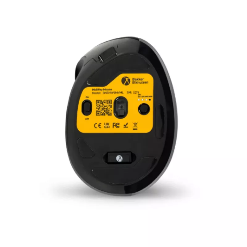 BakkerElkhuizen MidWay Maus Links, Linkshänder, Vertikales Design, Optisch, RF Wireless + Bluetooth + USB Typ-C, 2400 DPI, Grau, Schwarz