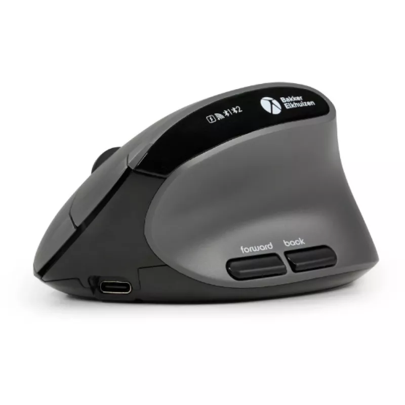BakkerElkhuizen MidWay Maus rechts, Rechtshändig, Vertikales Design, Optisch, RF Wireless + Bluetooth + USB Typ-C, 2400 DPI, Grau, Schwarz