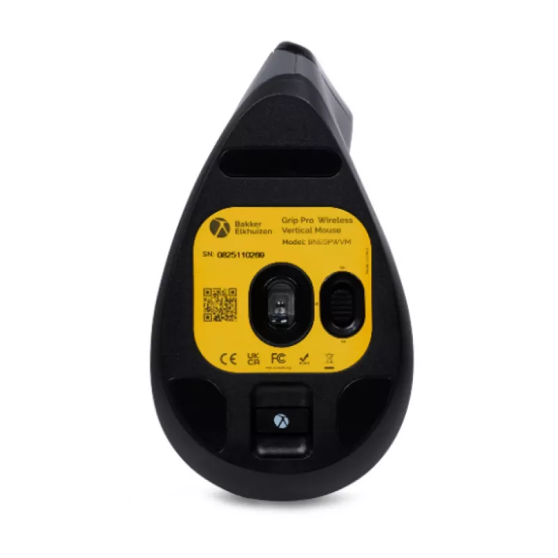 BakkerElkhuizen Grip Pro Maus, für Rechtshänder, Vertikales Design, Optisch, RF Wireless, 2400 DPI, Grau, Schwarz, Gelb