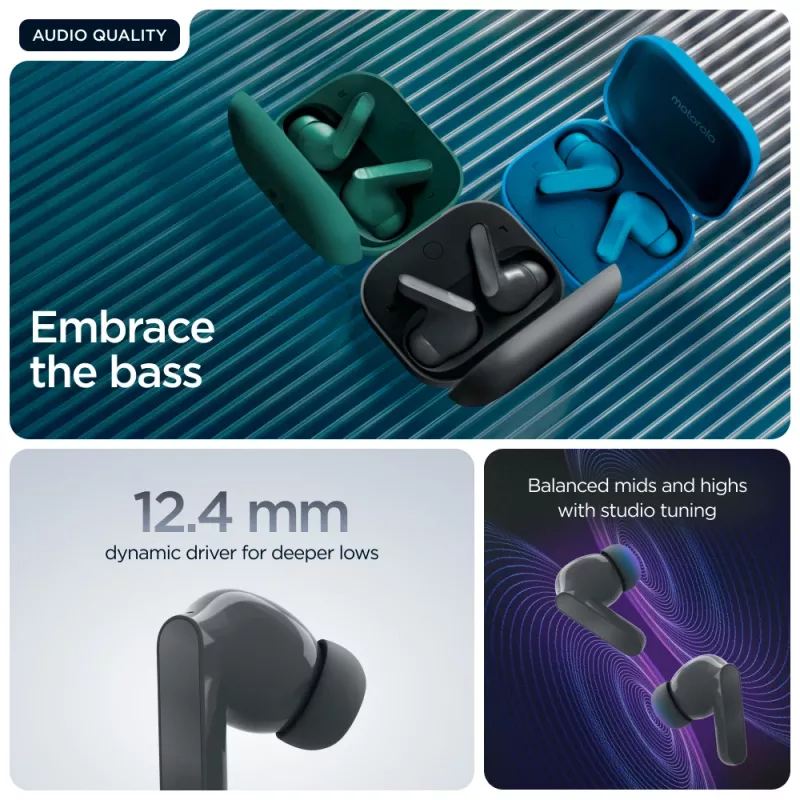 Headset MOTOROLA Moto Buds Bass TWS Bluetooth In-Ear für Anrufe und Musik, Schwarz, 51 g