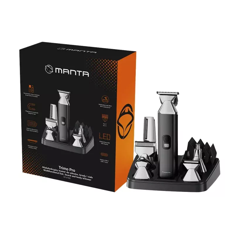 Kabelschere wiederaufladbarer Haarschneider MANTA HT-01BK — USB-C, IPX7 wasserdicht, 90 Min. Akku, 6 + 4 Magnetaufsätze