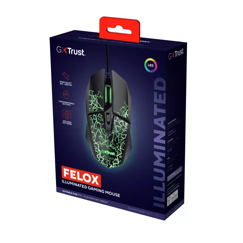 Trust GXT 113 Felox Maus Gaming Rechtshänder USB Typ-A Optisch 6400 DPI