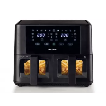 Ariete 4631 Double Heißluftfritteuse 9L, 2400W, Gesamtkapazität 9L, 11 Programme, Multifunktion, Bis zu 3,6 kg frittierte Lebensmittel Temperatur bis zu 200°C, Doppelkorb, Schwarz