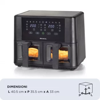 Ariete 4631 Double Heißluftfritteuse 9L, 2400W, Gesamtkapazität 9L, 11 Programme, Multifunktion, Bis zu 3,6 kg frittierte Lebensmittel Temperatur bis zu 200°C, Doppelkorb, Schwarz