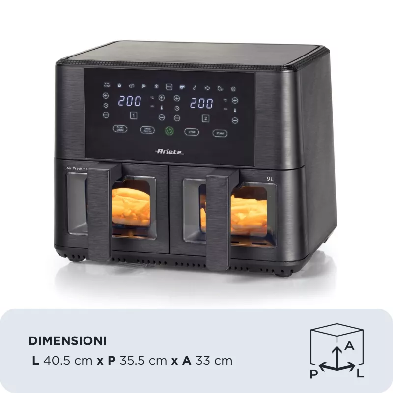 Ariete 4631 Double Heißluftfritteuse 9L, 2400W, Gesamtkapazität 9L, 11 Programme, Multifunktion, Bis zu 3,6 kg frittierte Lebensmittel Temperatur bis zu 200°C, Doppelkorb, Schwarz