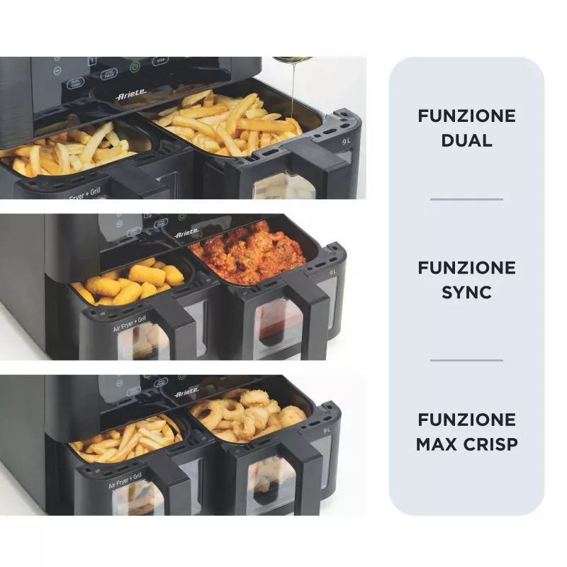 Ariete 4631 Double Heißluftfritteuse 9L, 2400W, Gesamtkapazität 9L, 11 Programme, Multifunktion, Bis zu 3,6 kg frittierte Lebensmittel Temperatur bis zu 200°C, Doppelkorb, Schwarz
