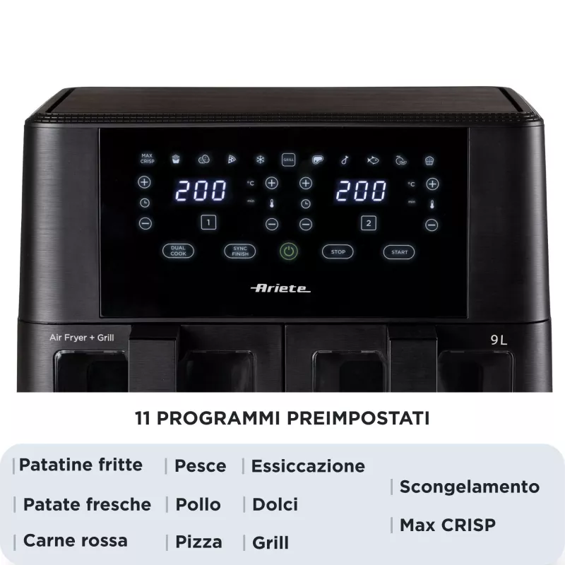 Ariete 4631 Double Heißluftfritteuse 9L, 2400W, Gesamtkapazität 9L, 11 Programme, Multifunktion, Bis zu 3,6 kg frittierte Lebensmittel Temperatur bis zu 200°C, Doppelkorb, Schwarz