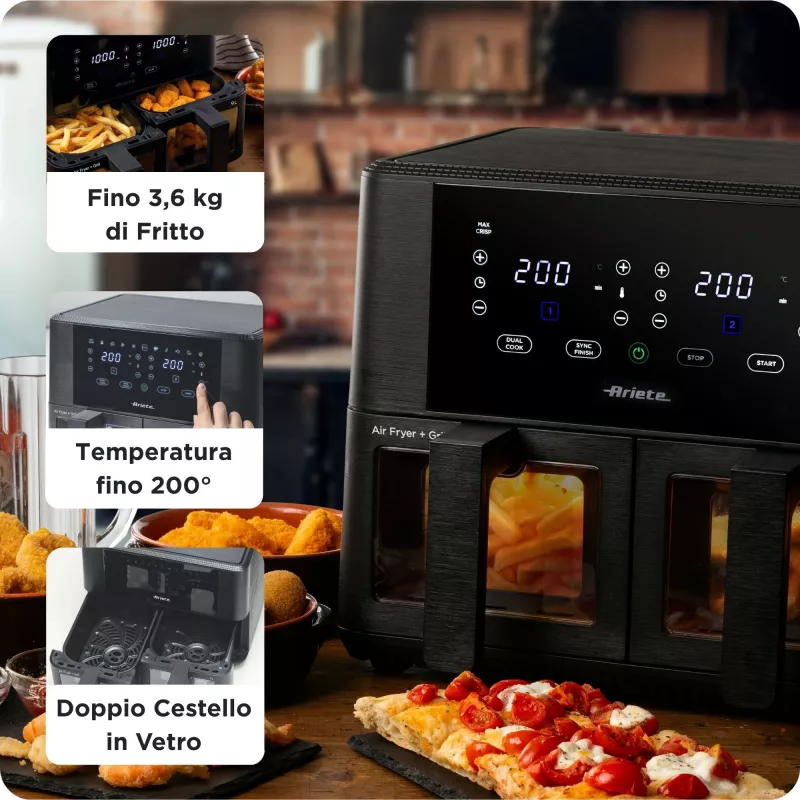 Ariete 4631 Double Heißluftfritteuse 9L, 2400W, Gesamtkapazität 9L, 11 Programme, Multifunktion, Bis zu 3,6 kg frittierte Lebensmittel Temperatur bis zu 200°C, Doppelkorb, Schwarz