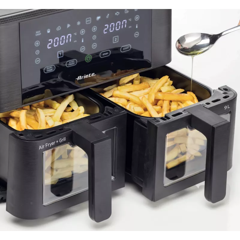 Ariete 4631 Double Heißluftfritteuse 9L, 2400W, Gesamtkapazität 9L, 11 Programme, Multifunktion, Bis zu 3,6 kg frittierte Lebensmittel Temperatur bis zu 200°C, Doppelkorb, Schwarz