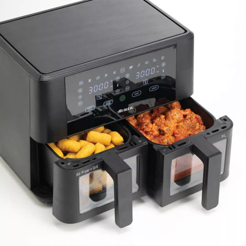Ariete 4631 Double Heißluftfritteuse 9L, 2400W, Gesamtkapazität 9L, 11 Programme, Multifunktion, Bis zu 3,6 kg frittierte Lebensmittel Temperatur bis zu 200°C, Doppelkorb, Schwarz
