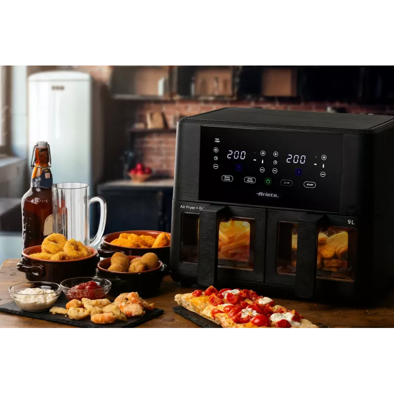 Ariete 4631 Double Heißluftfritteuse 9L, 2400W, Gesamtkapazität 9L, 11 Programme, Multifunktion, Bis zu 3,6 kg frittierte Lebensmittel Temperatur bis zu 200°C, Doppelkorb, Schwarz