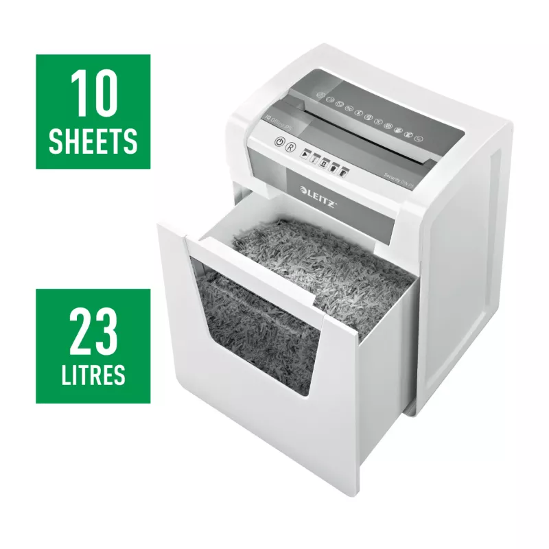 Leitz IQ Office Aktenvernichter Security P5, Mikroschnitt, 22,3 cm, 2 x 15 mm, 23 l, 250 Blatt, 55 dB