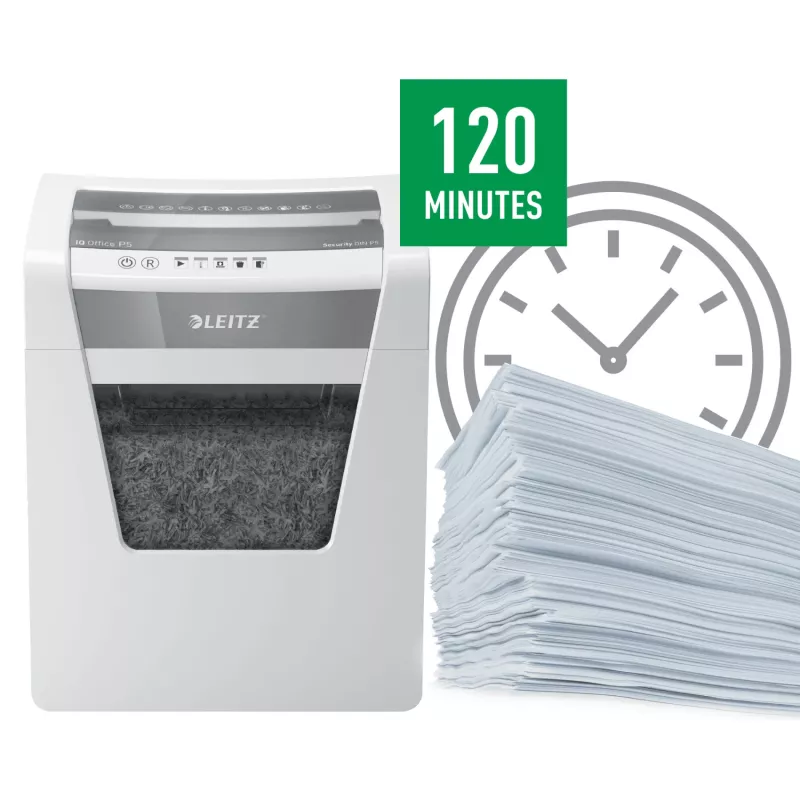 Leitz IQ Office Aktenvernichter Security P5, Mikroschnitt, 22,3 cm, 2 x 15 mm, 23 l, 250 Blatt, 55 dB