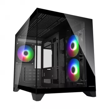Mini-Tower-PC-Gehäuse Cougar FV150 ARGB — Schwarz, unterstützt 2x120/140 mm Seitenlüfter, 1x120 mm hinten, HDD 2,5 Zoll/3,5 Zoll, 285×435×365 mm