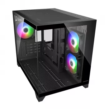 Mini-Tower-PC-Gehäuse Cougar FV150 ARGB — Schwarz, unterstützt 2x120/140 mm Seitenlüfter, 1x120 mm hinten, HDD 2,5 Zoll/3,5 Zoll, 285×435×365 mm