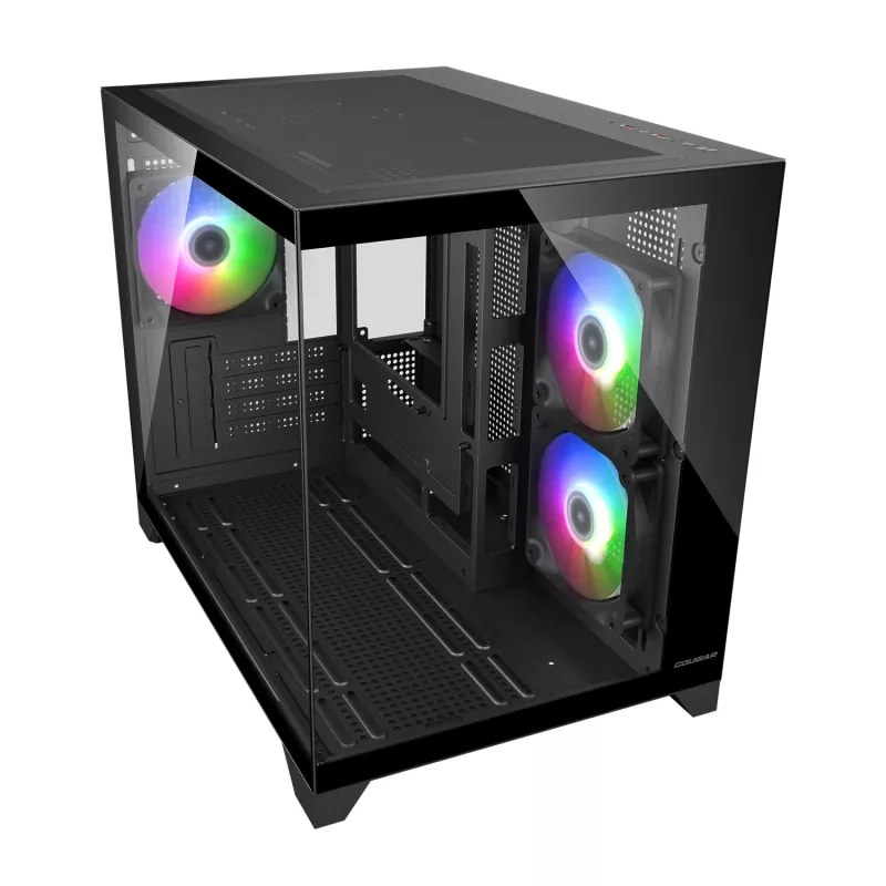 Mini-Tower-PC-Gehäuse Cougar FV150 ARGB — Schwarz, unterstützt 2x120/140 mm Seitenlüfter, 1x120 mm hinten, HDD 2,5 Zoll/3,5 Zoll, 285×435×365 mm