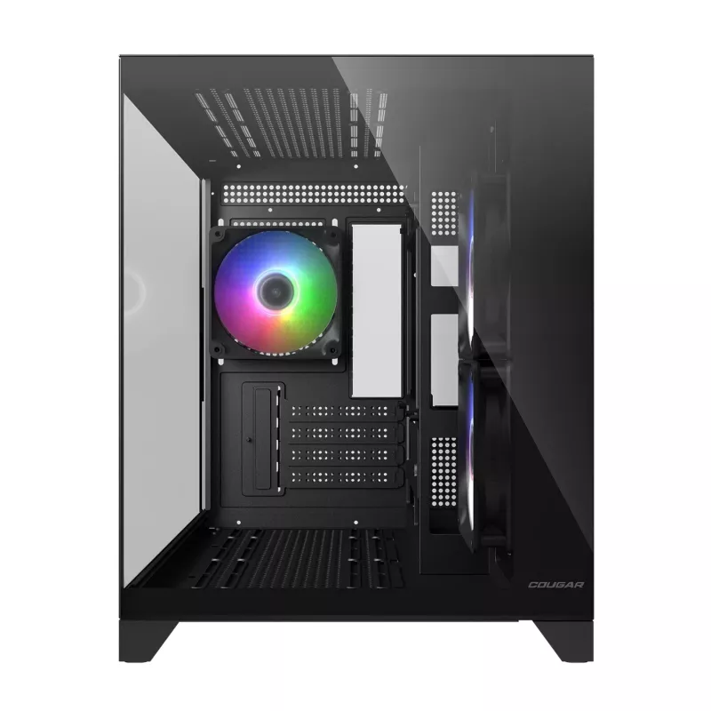 Mini-Tower-PC-Gehäuse Cougar FV150 ARGB — Schwarz, unterstützt 2x120/140 mm Seitenlüfter, 1x120 mm hinten, HDD 2,5 Zoll/3,5 Zoll, 285×435×365 mm