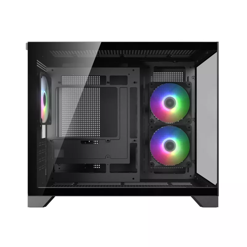 Mini-Tower-PC-Gehäuse Cougar FV150 ARGB — Schwarz, unterstützt 2x120/140 mm Seitenlüfter, 1x120 mm hinten, HDD 2,5 Zoll/3,5 Zoll, 285×435×365 mm