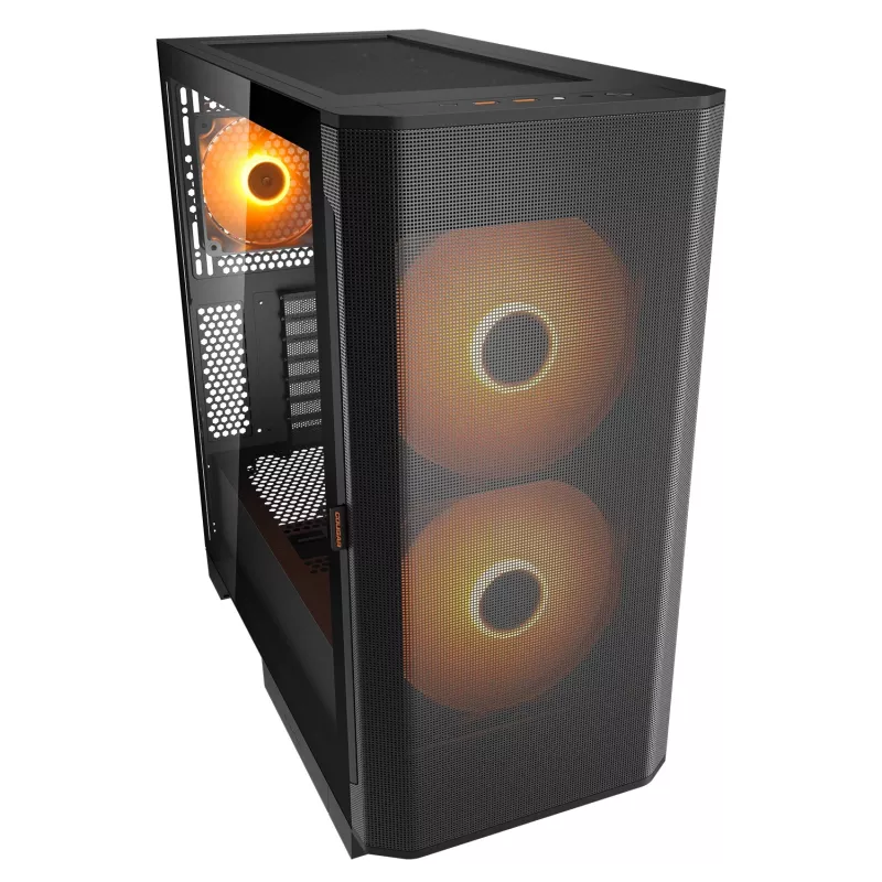 PC Midi Tower Gehäuse Cougar Airface FLO ARGB, schwarz — unterstützt 2x 180 mm front, 1x 120 mm rückseitig, 2,5/3,5 Zoll Laufwerke, 240×480×509 mm