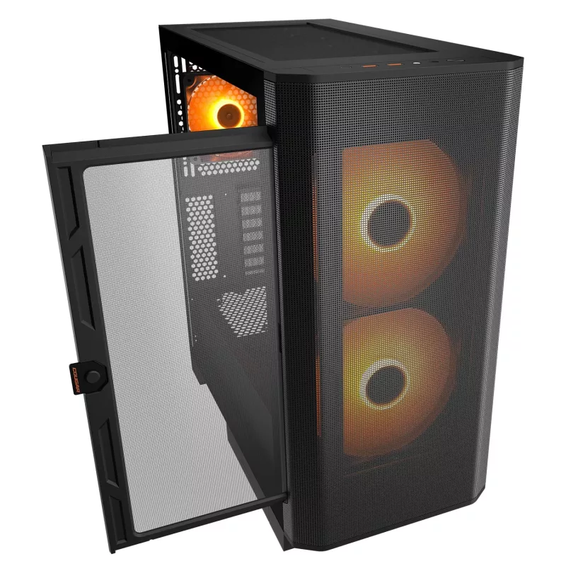 PC Midi Tower Gehäuse Cougar Airface FLO ARGB, schwarz — unterstützt 2x 180 mm front, 1x 120 mm rückseitig, 2,5/3,5 Zoll Laufwerke, 240×480×509 mm
