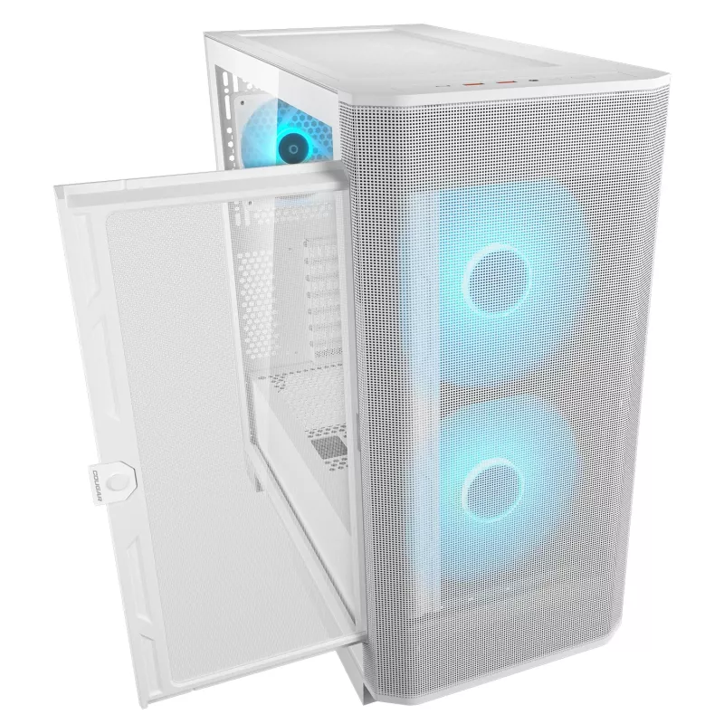 COUGAR PC Midi Tower Gehäuse Airface FLO ARGB Weiß — 2x180mm vorne, 1x120mm hinten, unterstützt 2,5 Zoll/3,5 Zoll HDD, 240×480×509 mm