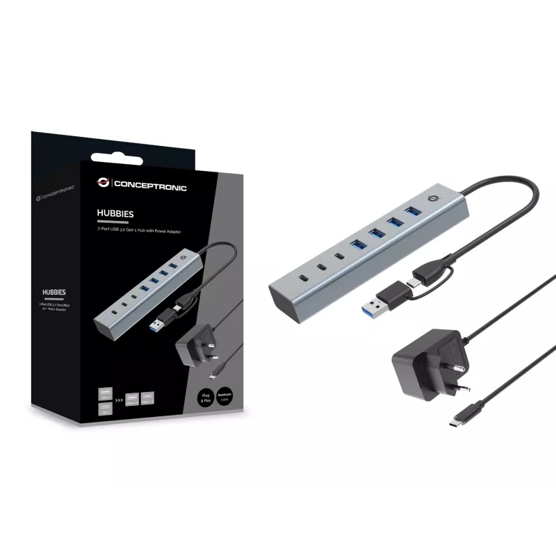 Conceptronic HUBBIES20GP 7-Port USB 3.0 Hub mit Netzteil, 5Gbps, USB-C x 3, USB-A x 4