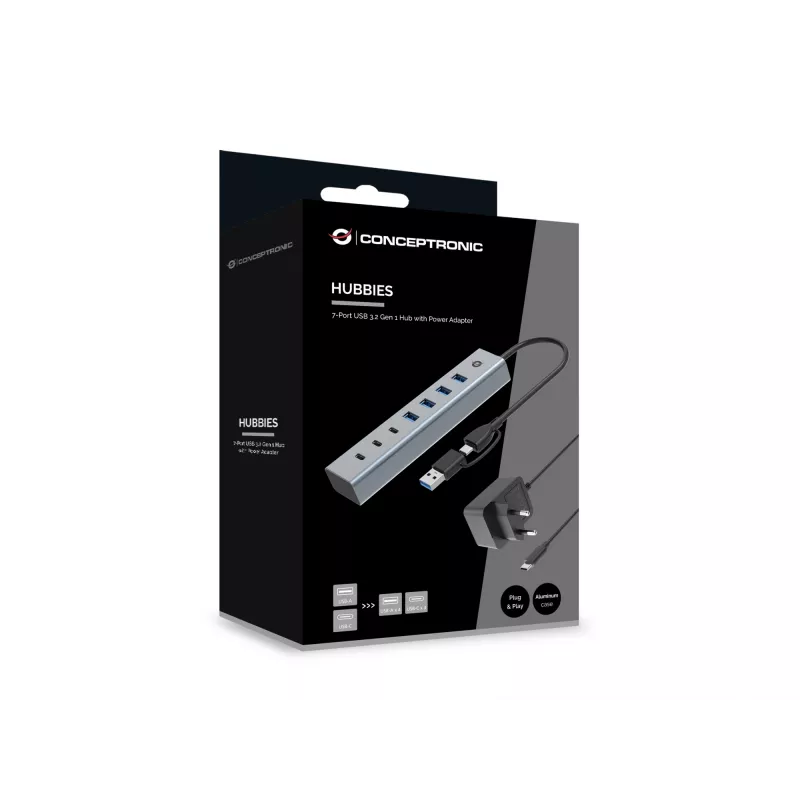 Conceptronic HUBBIES20GP 7-Port USB 3.0 Hub mit Netzteil, 5Gbps, USB-C x 3, USB-A x 4