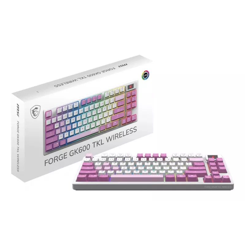MSI FORGE GK600 TKL WIRELESS VIOLET Tastatur Gaming USB + Bluetooth QWERTY Spanisch Pink, Violett, Weiß
