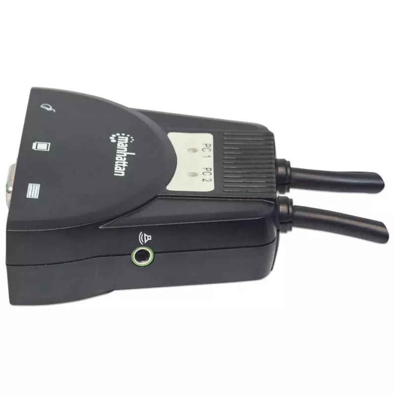 Manhattan KVM Switch Mini 2-Port, 2x USB-A, Kabel inklusive, Audio-Unterstützung, Steuerung von 2 Computern über eine Tastatur/Maus/Bildschirm, Schwarz, lebenslange Garantie, verpackt