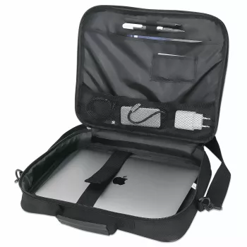 Manhattan Cambridge Laptoptasche 14,1 Zoll, Clamshell-Design, Schwarz, KOSTENGÜNSTIG, Zubehörfach, Dokumentenfach auf der Rückseite, Schultergurt (abnehmbar), Äquivalent zu Targus CN313/CN414EU, Notebook-Tasche, Drei Jahre Garantie