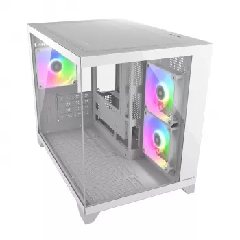 Mini Tower PC-Gehäuse Cougar FV150 ARGB Weiß — Micro-ATX / Mini-ITX, Seitenfenster, 2x120mm + 1x120mm Lüfter, 2,5 Zoll & 3,5 Zoll Einschübe