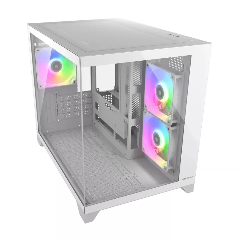 Mini Tower PC-Gehäuse Cougar FV150 ARGB Weiß — Micro-ATX / Mini-ITX, Seitenfenster, 2x120mm + 1x120mm Lüfter, 2,5 Zoll & 3,5 Zoll Einschübe