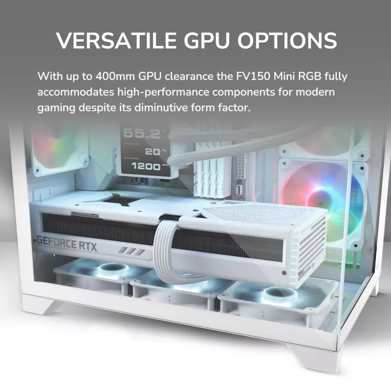 Mini Tower PC-Gehäuse Cougar FV150 ARGB Weiß — Micro-ATX / Mini-ITX, Seitenfenster, 2x120mm + 1x120mm Lüfter, 2,5 Zoll & 3,5 Zoll Einschübe