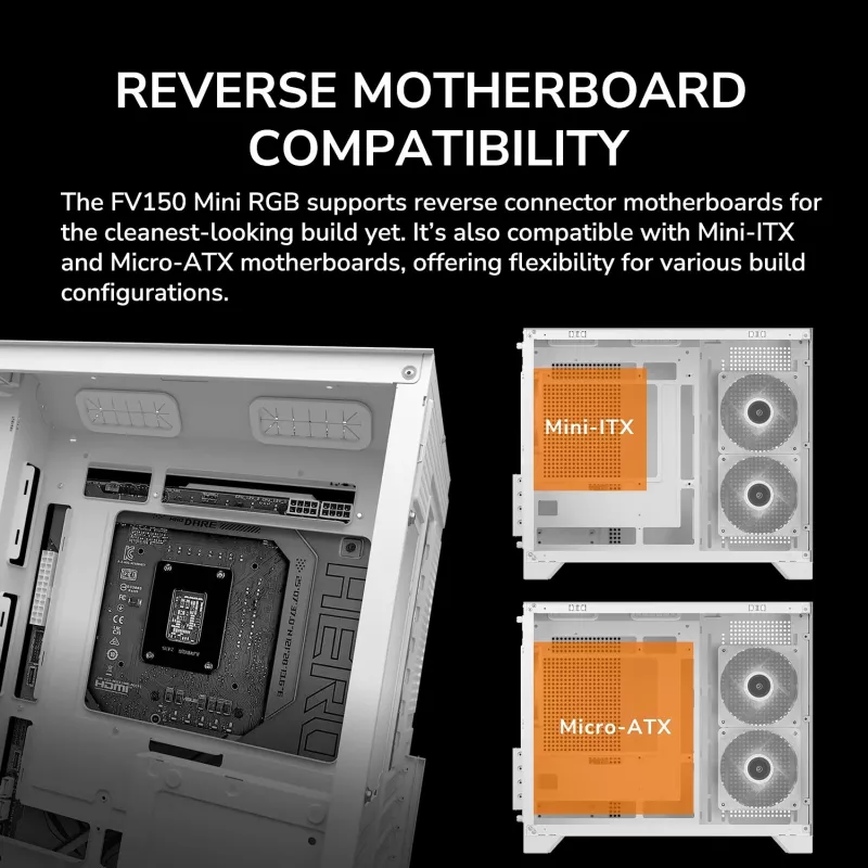 Mini Tower PC-Gehäuse Cougar FV150 ARGB Weiß — Micro-ATX / Mini-ITX, Seitenfenster, 2x120mm + 1x120mm Lüfter, 2,5 Zoll & 3,5 Zoll Einschübe