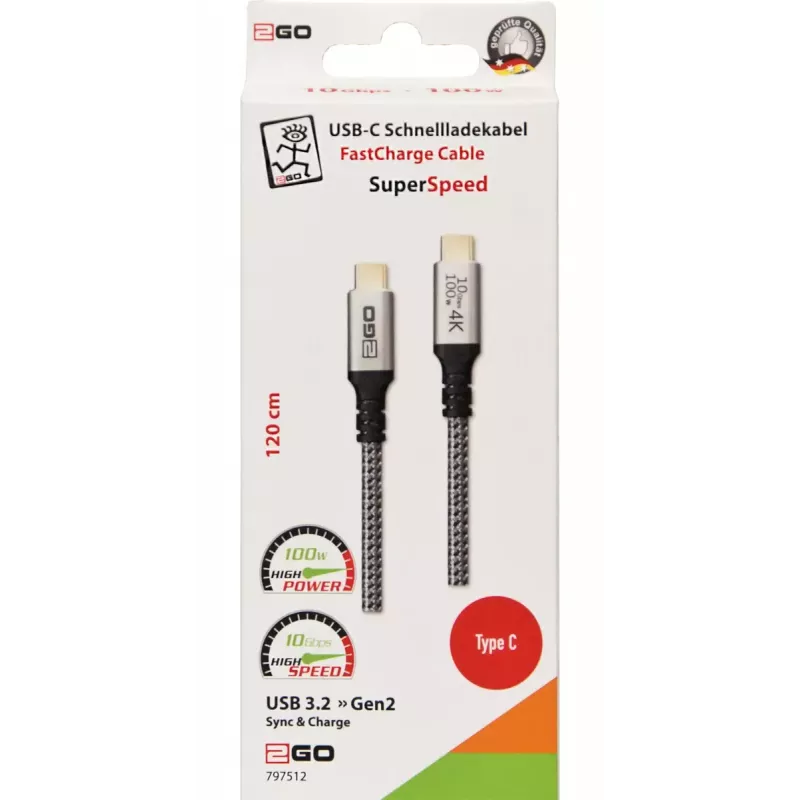 USB-Kabel 2GO 797512 USB 3.2 Gen 2 1,2 m USB C Schwarz Silber
