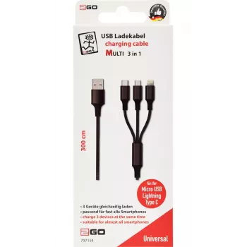 USB-Kabel 2GO 797154 3m USB B USB C/Micro-USB B/Lightning Schwarz