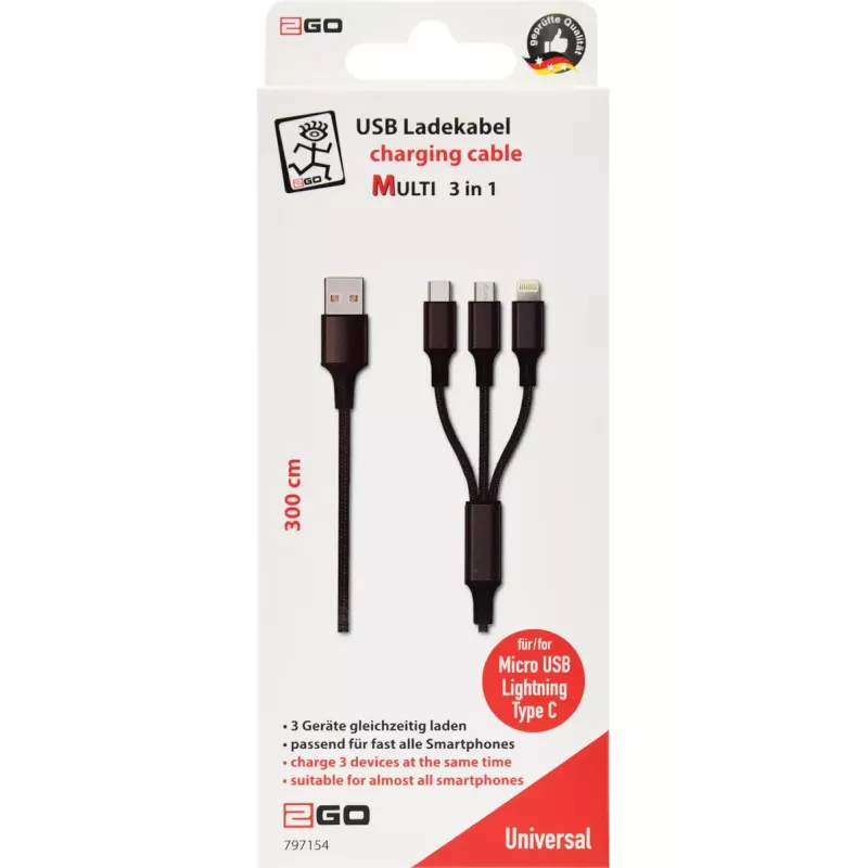 USB-Kabel 2GO 797154 3m USB B USB C/Micro-USB B/Lightning Schwarz