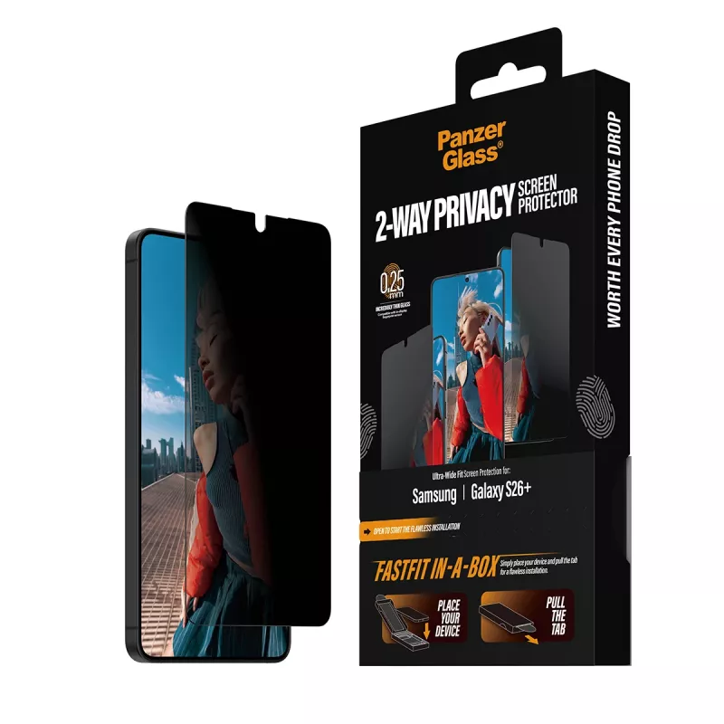 Displayschutzfolie PanzerGlass 2-Wege-Privatsphäre für Samsung New Galaxy S 2026 Plus — ultraweite PET-Folie mit FASTFIT