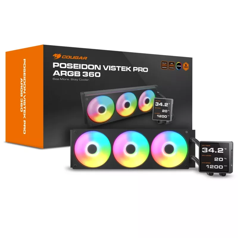 All-in-One-CPU-Flüssigkeitskühler Cougar Poseidon Vistek Pro 360, ARGB, 120-mm-Lüfter, Schwarz, Multi-Sockel-Unterstützung