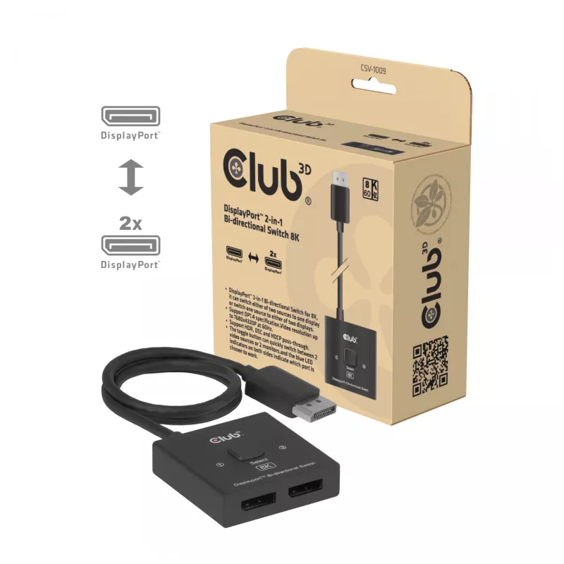 DisplayPort 2‑in‑1 bidirektionaler Switch CLUB3D CSV-1009 — 2x DisplayPort-Ausgänge, 8K@60Hz, Schwarz