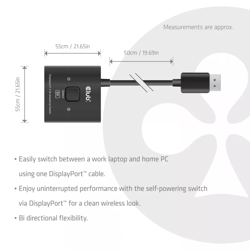DisplayPort 2‑in‑1 bidirektionaler Switch CLUB3D CSV-1009 — 2x DisplayPort-Ausgänge, 8K@60Hz, Schwarz