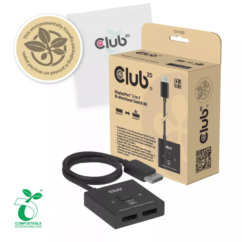 DisplayPort 2‑in‑1 bidirektionaler Switch CLUB3D CSV-1009 — 2x DisplayPort-Ausgänge, 8K@60Hz, Schwarz