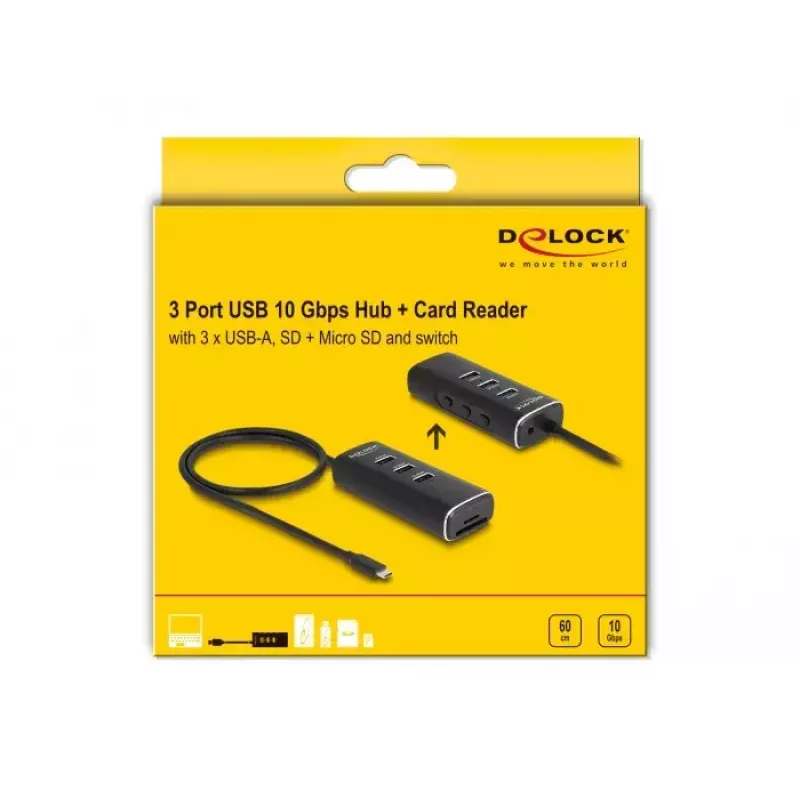DeLOCK 3 Port USB Hub 10 Gbps mit SD Micro SD Reader Type-C 60 cm Kabel