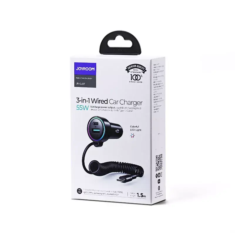 Auto-Ladegerät Joyroom JR-CL07 3-in-1 60W mit integriertem USB-C-Kabel 1,6 m, schwarz
