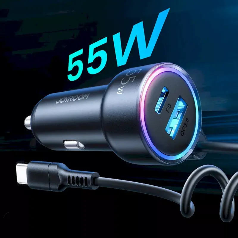 Auto-Ladegerät Joyroom JR-CL07 3-in-1 60W mit integriertem USB-C-Kabel 1,6 m, schwarz